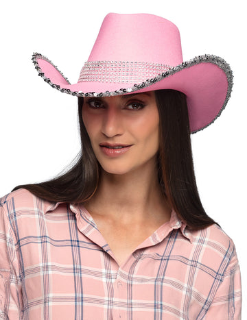 Светлорозова каубойска шапка за възрастни с кристали