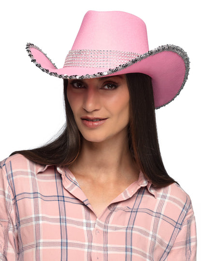 Светлорозова каубойска шапка за възрастни с кристали