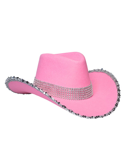 Светлорозова каубойска шапка за възрастни с кристали