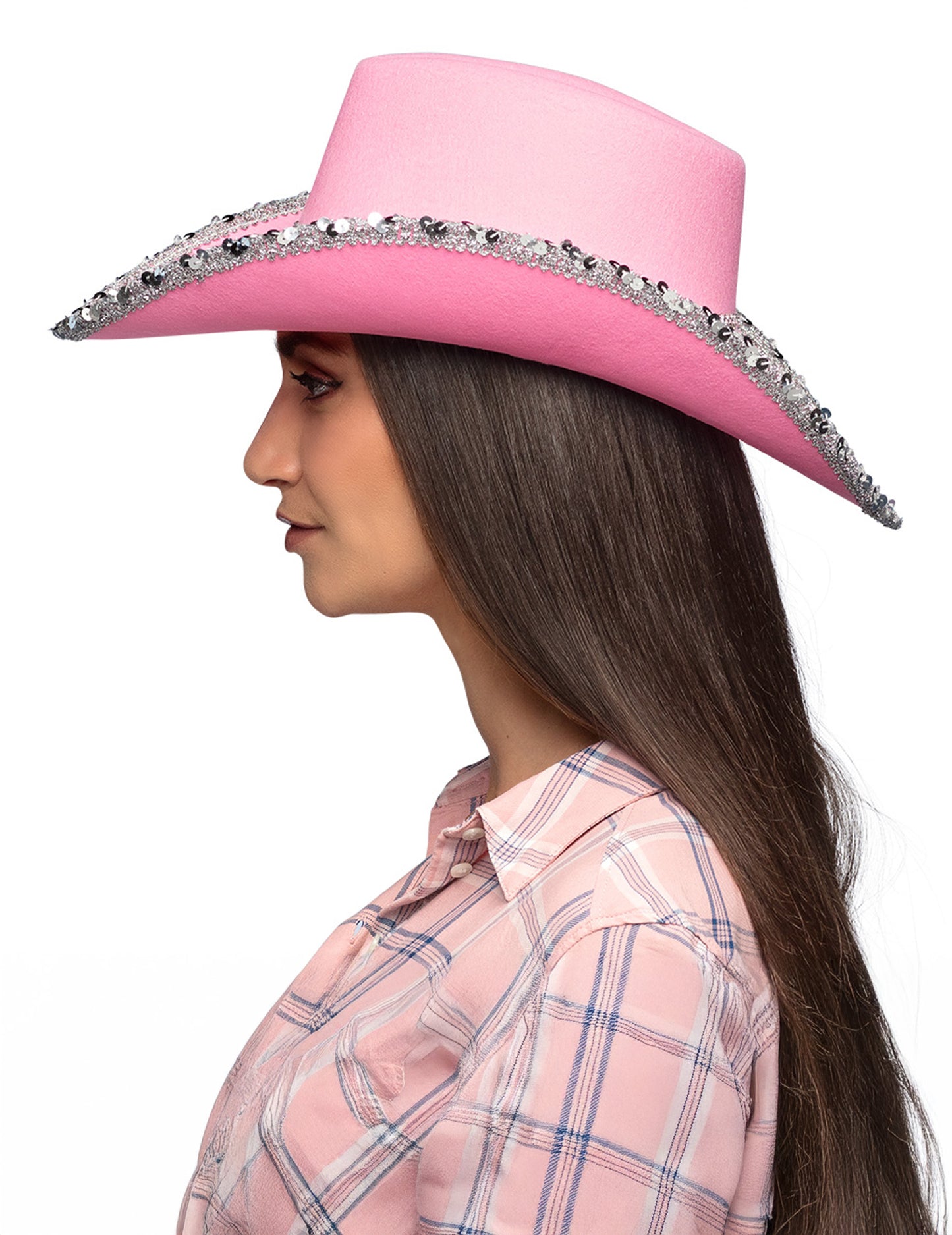 Светлорозова каубойска шапка за възрастни с кристали