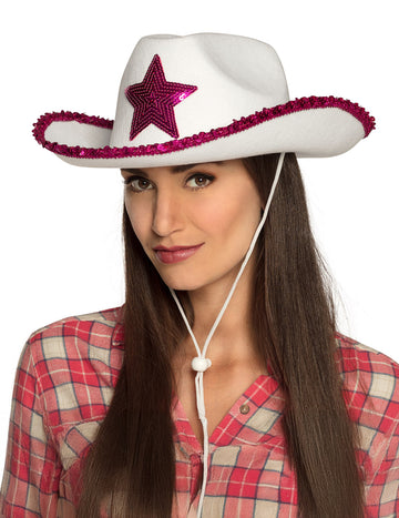 Бяла шапка на каубойка с розови звезди на пайети