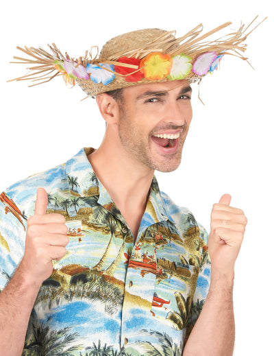 Chapeau de paille Hawaï pour adulte naturel avec fleurs multicolores