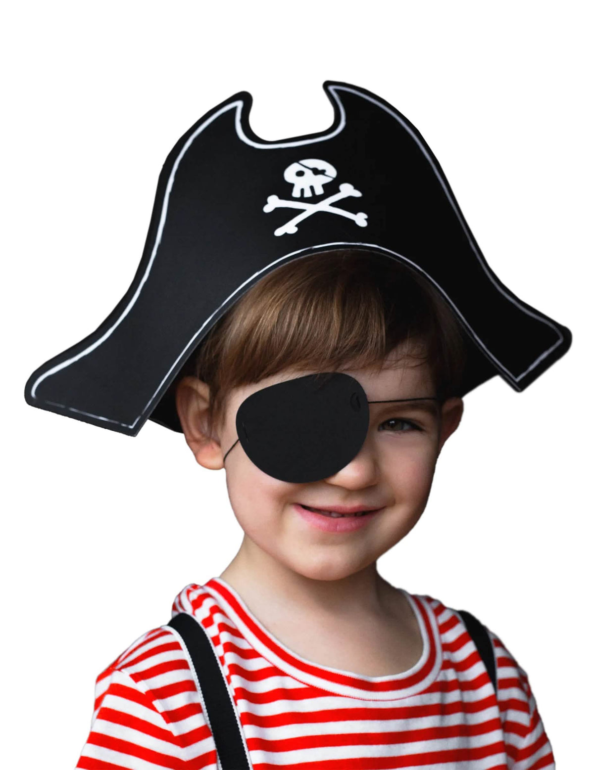 Chapeau de pirate et cache œil pour enfant noir avec motif tête de mort blanc