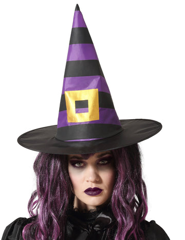 Лилава и черна раирана вещица шапка