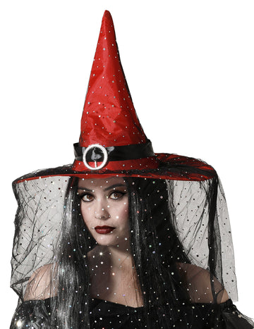 Червена вещица шапка с воал