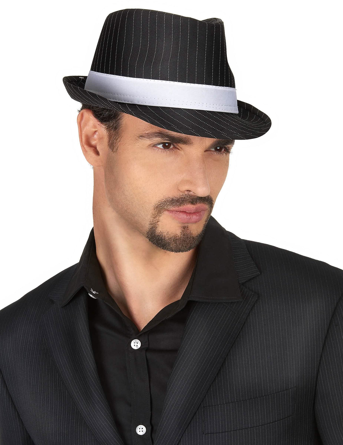 Chapeau gangster pour adulte noir rayé avec ruban blanc