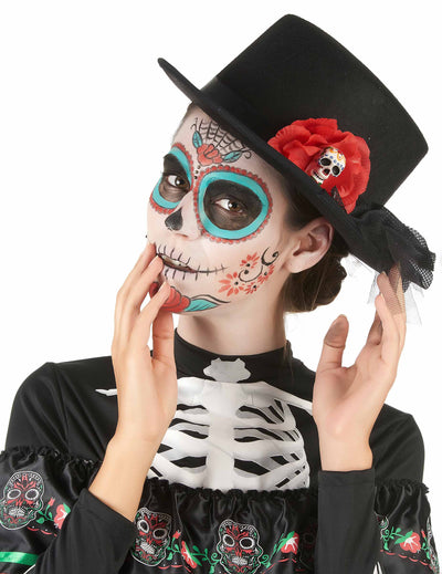 Chapeau haut de forme Dia de los muertos pour adulte noir avec tête de mort et fleur rouge