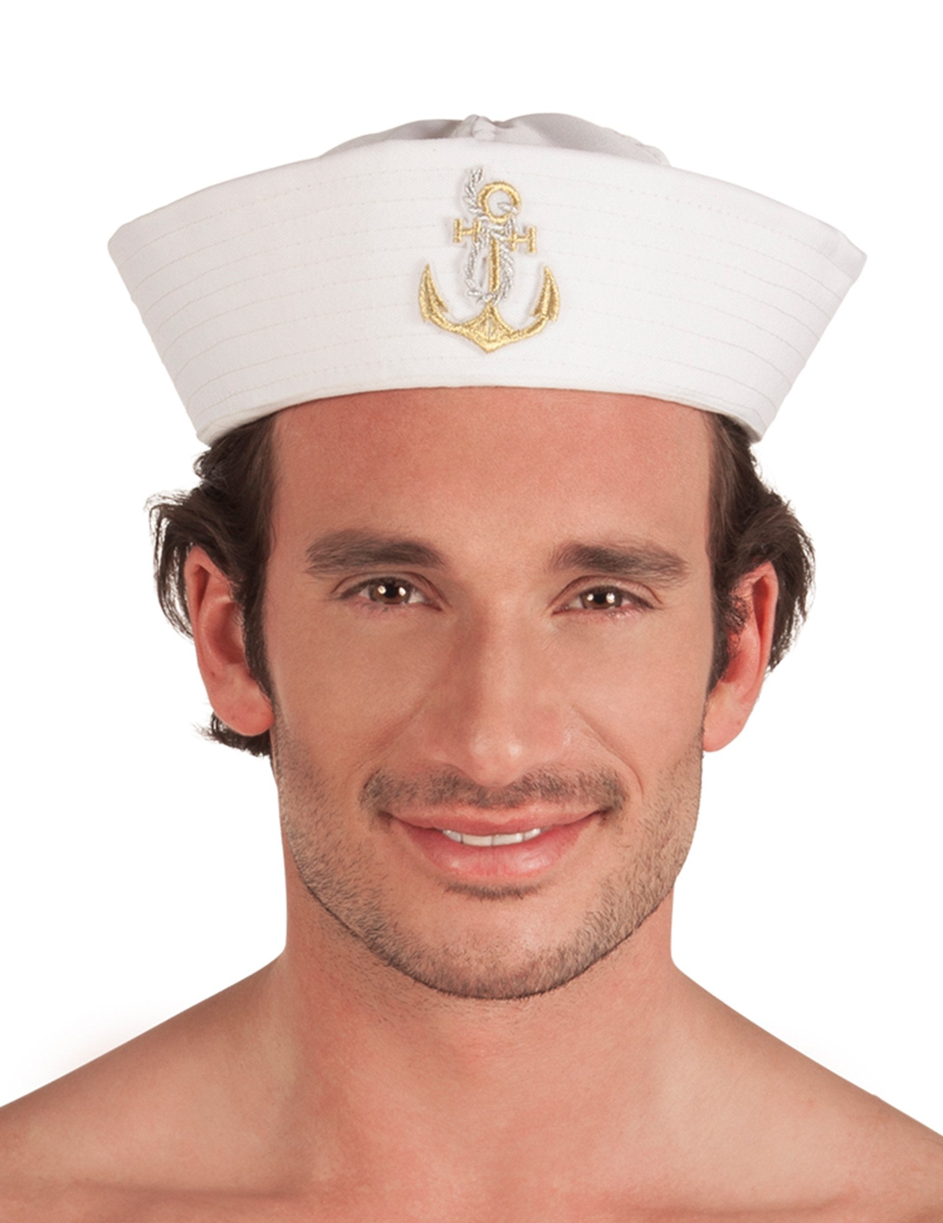 Бял моряшки шапка с златист котва за възрастни