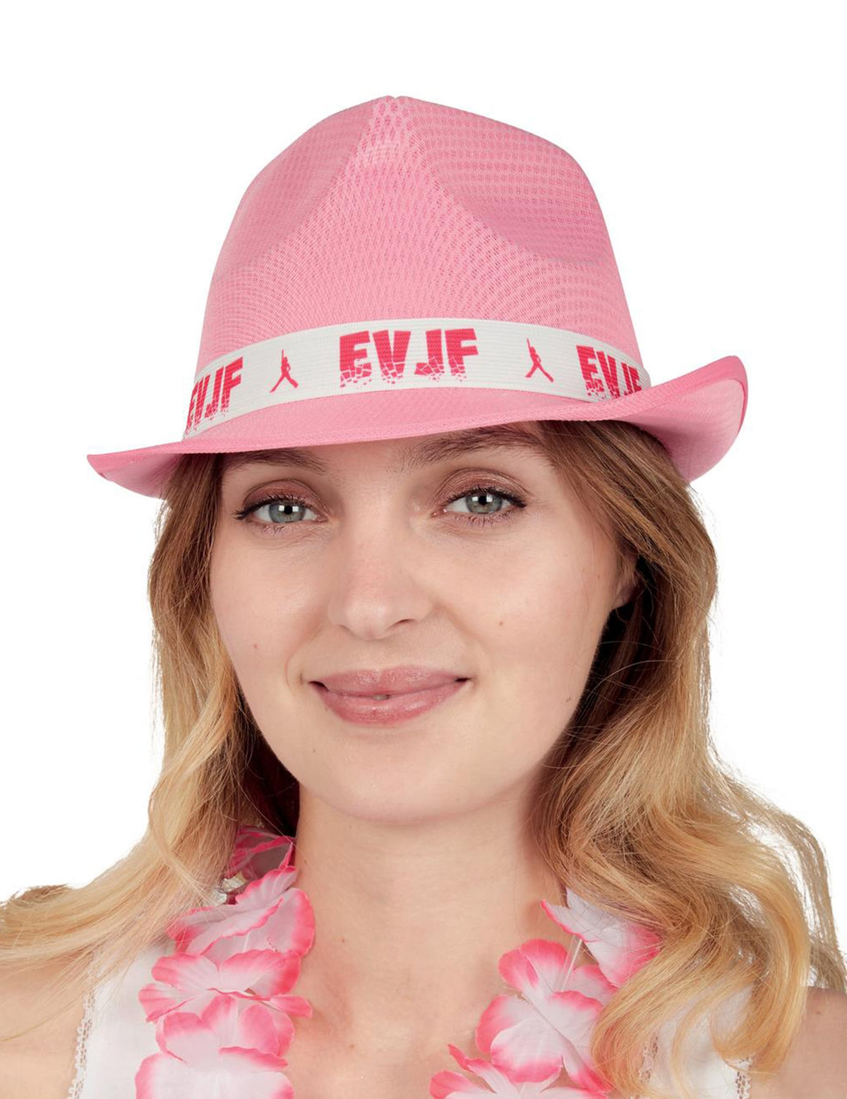 Chapeau EVJF pour adulte rose avec ruban blanc marqué EVJF