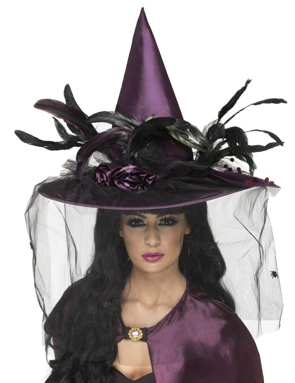 Chapeau de sorcière luxe pour femme violet avec plumes et voile noirs
