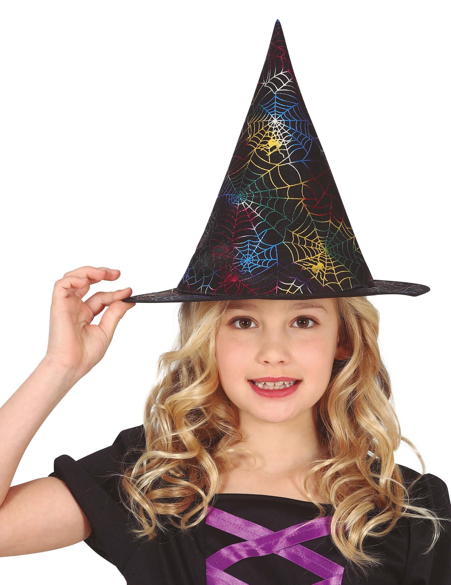 многоцветна детска вещическа шапка с паяжина