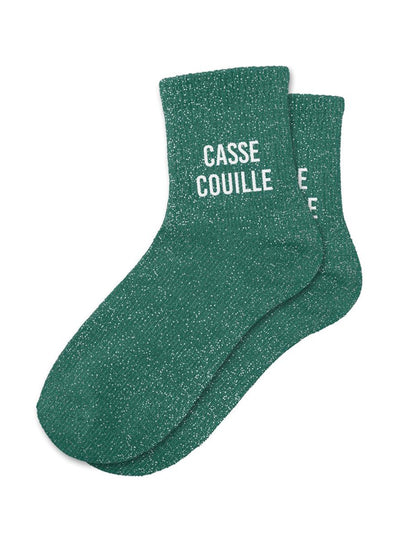 Chaussettes à paillettes Casse couille pour femme vertes avec texte blanc