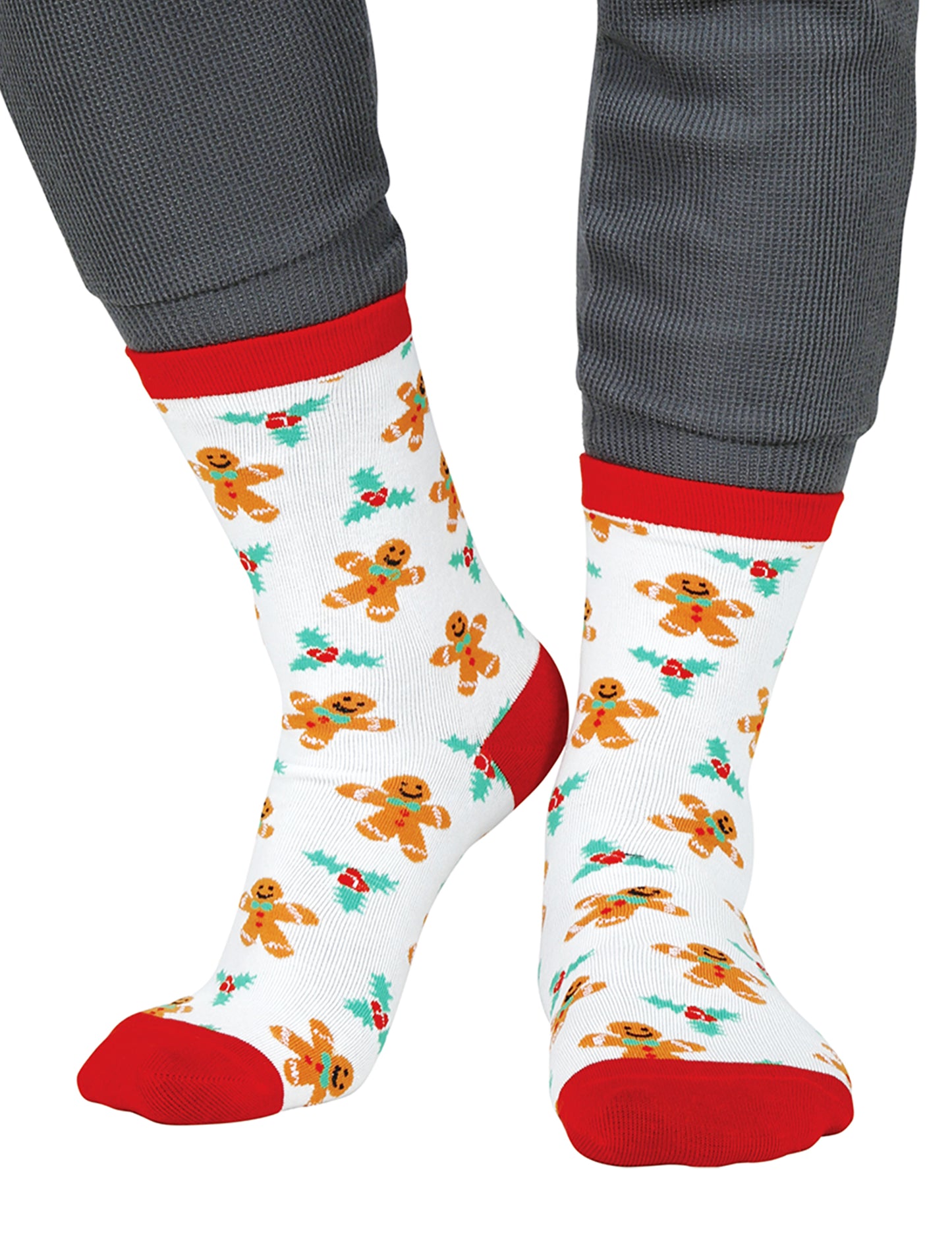 Бели коледни чорапи за възрастни с мотив на джинджифилово печиво