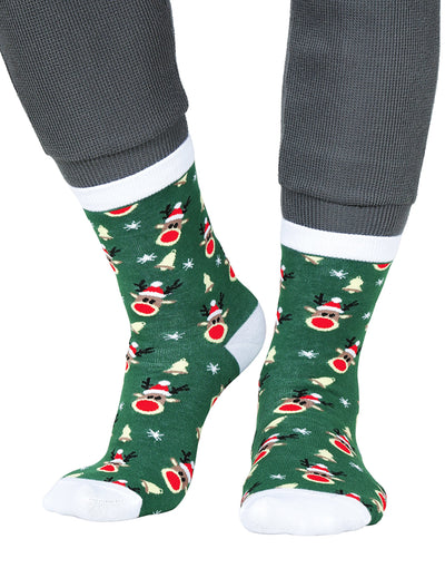 Chaussettes de Noël motifs rennes pour adulte vertes avec talons et pointes blancs