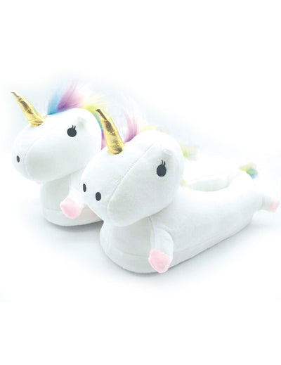 Chaussons licornes pour adulte blancs avec corne dorée et crinière arc-en-ciel
