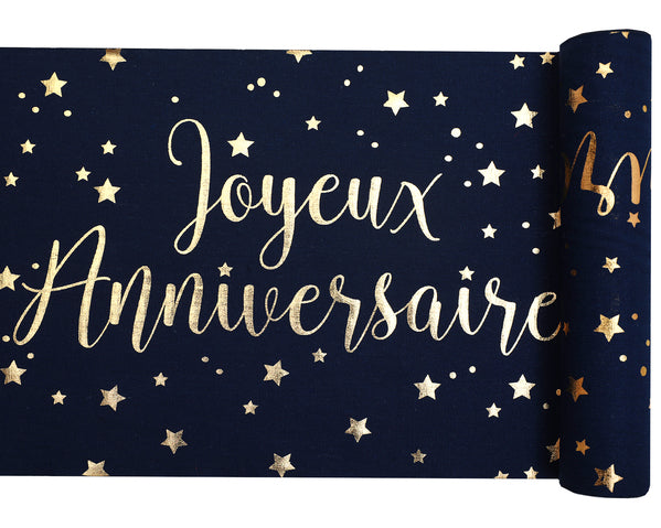 Chemin de table coton Joyeux anniversaire bleu marine et or avec étoiles