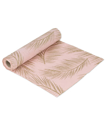 Пътека за маса от лен в прахово розово със златни папрати 28 cm x 5 м тропически