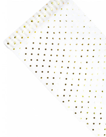 Бяла органзена пътека за маса с металически златни точки 36 cm x 9 м