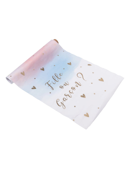 Chemin de table fille ou garçon pour baby shower rose bleu et or