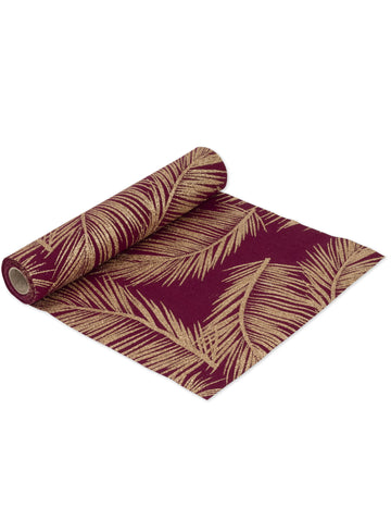 Шикозен и блестящ пътека за маса от лен в цвят марсала с медни папрати, 28 cm x 5 м