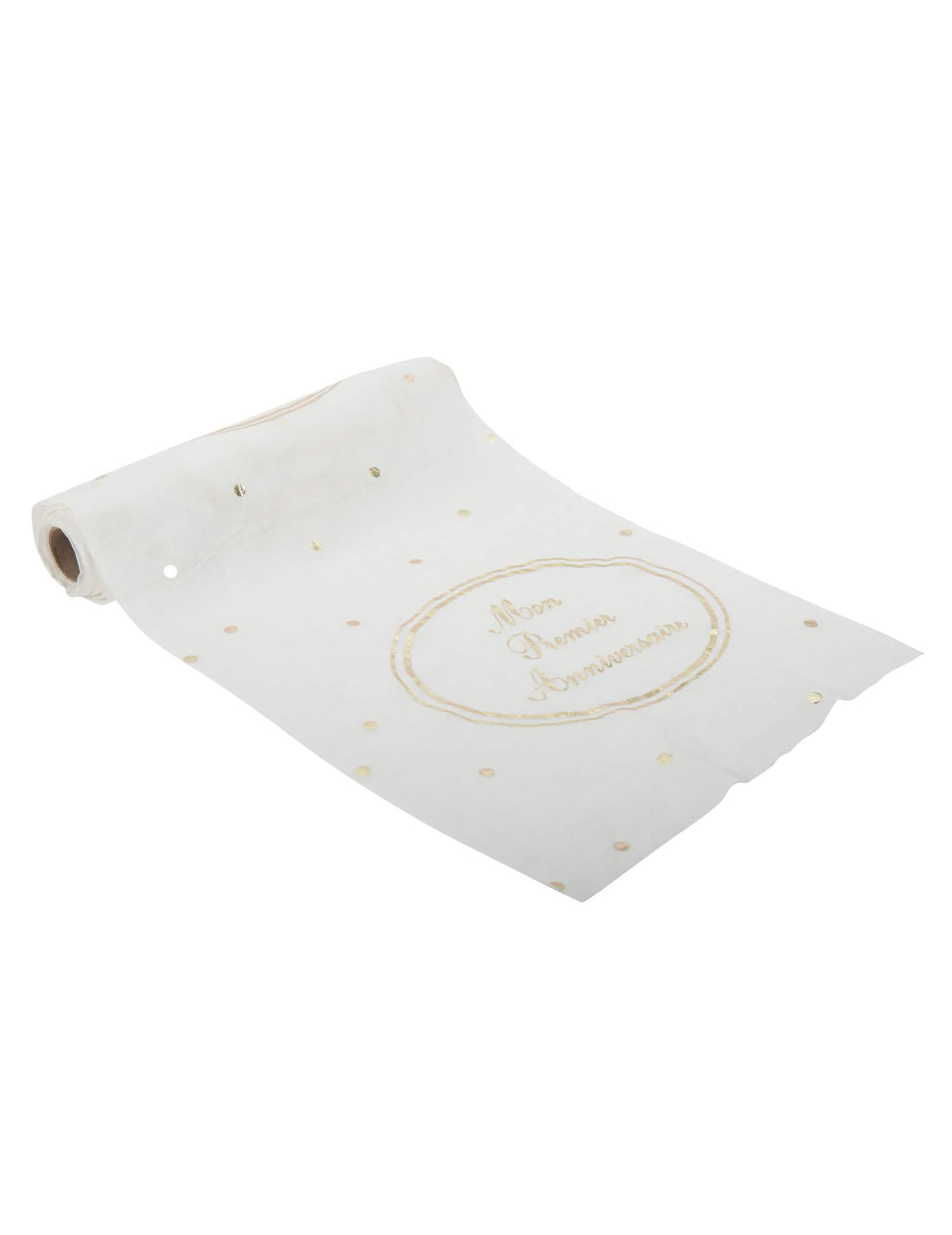 Chemin de table en gaze de coton Mon Premier Anniversaire pour enfant blanc et or