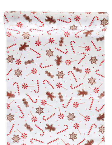 Пътека за маса с мотиви на коледни лакомства, 3 м, празнично бяла