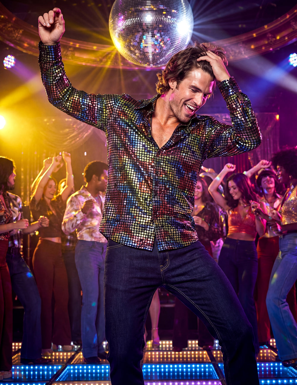 Chemise disco pour homme multicolore à paillettes haut de gamme