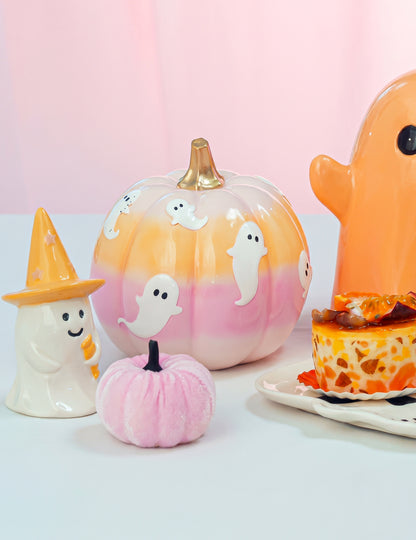 Декоративна тиква Summerween от смола с преливащи цветове и призраци 14,5 x 14,5 x 14,8 cm