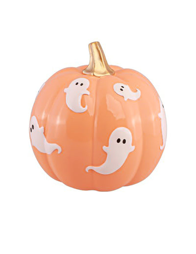 Декоративна тиква Summerween от пастелно оранжева смола с призраци 14,5 x 14,5 x 14,8 cm