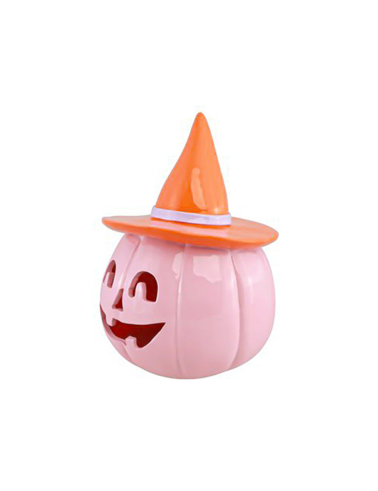 Декоративна тиква Summerween от пастелно розова смола с оранжева шапка 12,5 x 12,3 x 17 cm