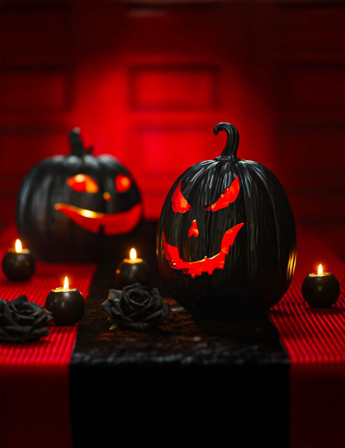 Декоративна тиква-демон от резин в черно и червено с LED 21 x 21 x 29 cm