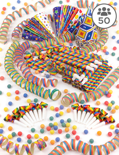 Coffret cotillons multicolores pour 50 personnes avec serpentins, sans-gênes et chapeaux