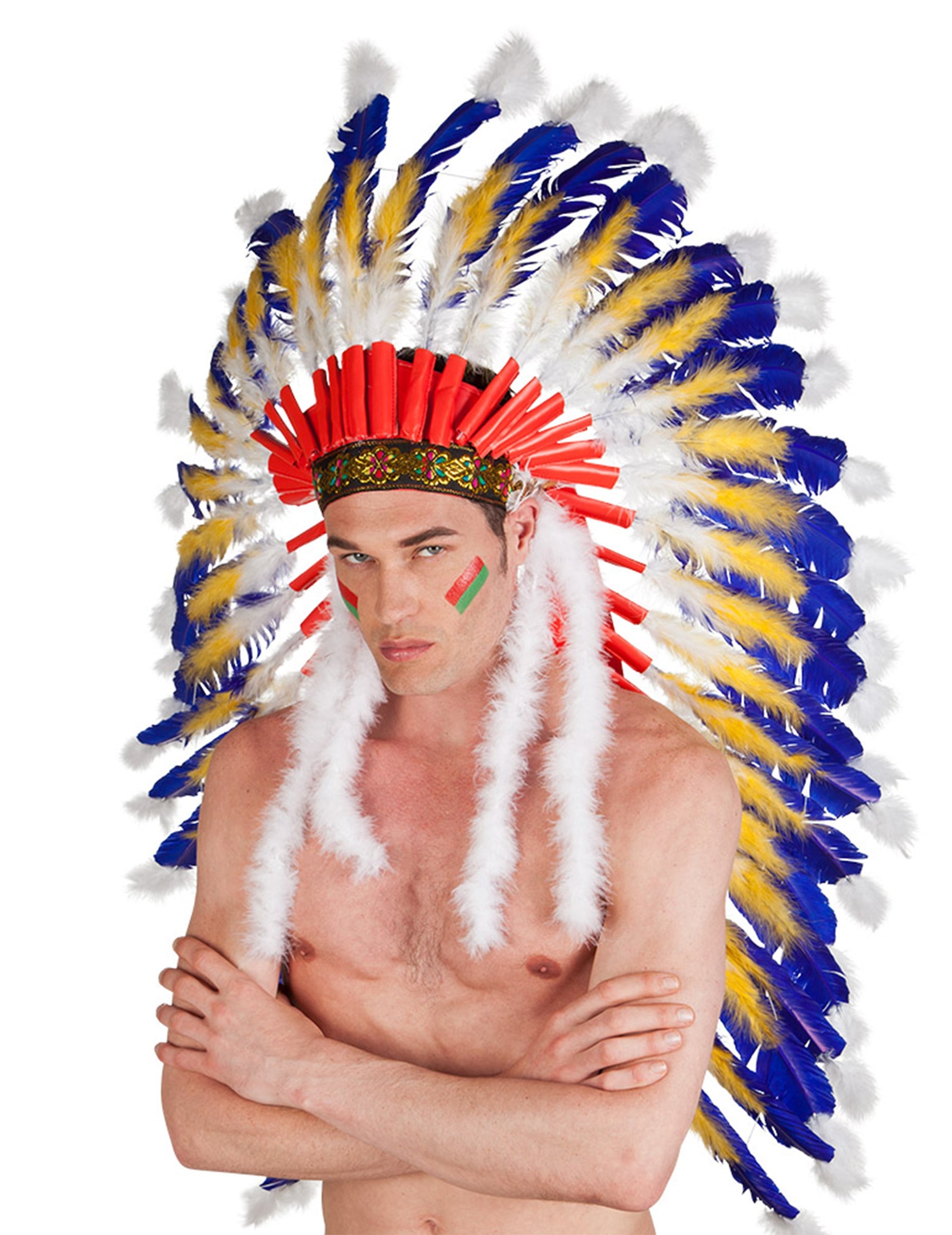 Coiffe de chef indien pour adulte bleue jaune et blanche avec bandeau rouge