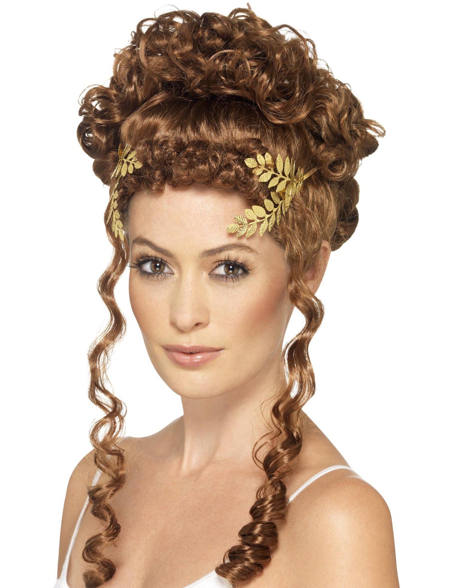 Coiffe feuille de laurier sexy pour femme châtaine avec feuilles dorées