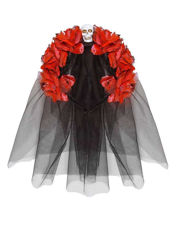 Червени цветя шапка с жена глава на смъртта Dia de los Muertos