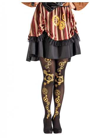 Collants steampunk pour femme noir avec motifs d'engrenages dorés