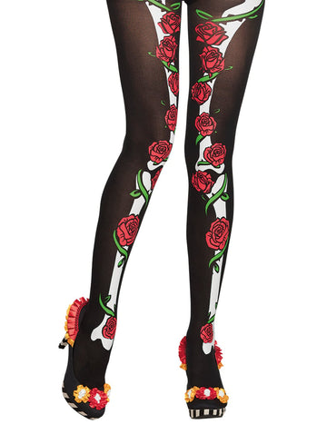 Collants Dia de los muertos pour femme noirs avec imprimé squelette et roses rouges