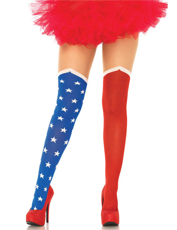 Collants opaques drapeau USA pour femme rouge et bleu à étoiles blanches