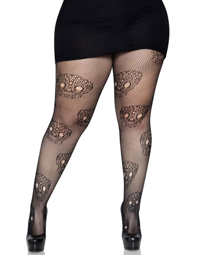 Collants résille Dia de los muertos pour femme noir à motifs têtes de mort