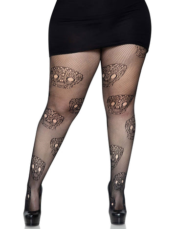 Collants résille Dia de los muertos pour femme noir à motifs têtes de mort