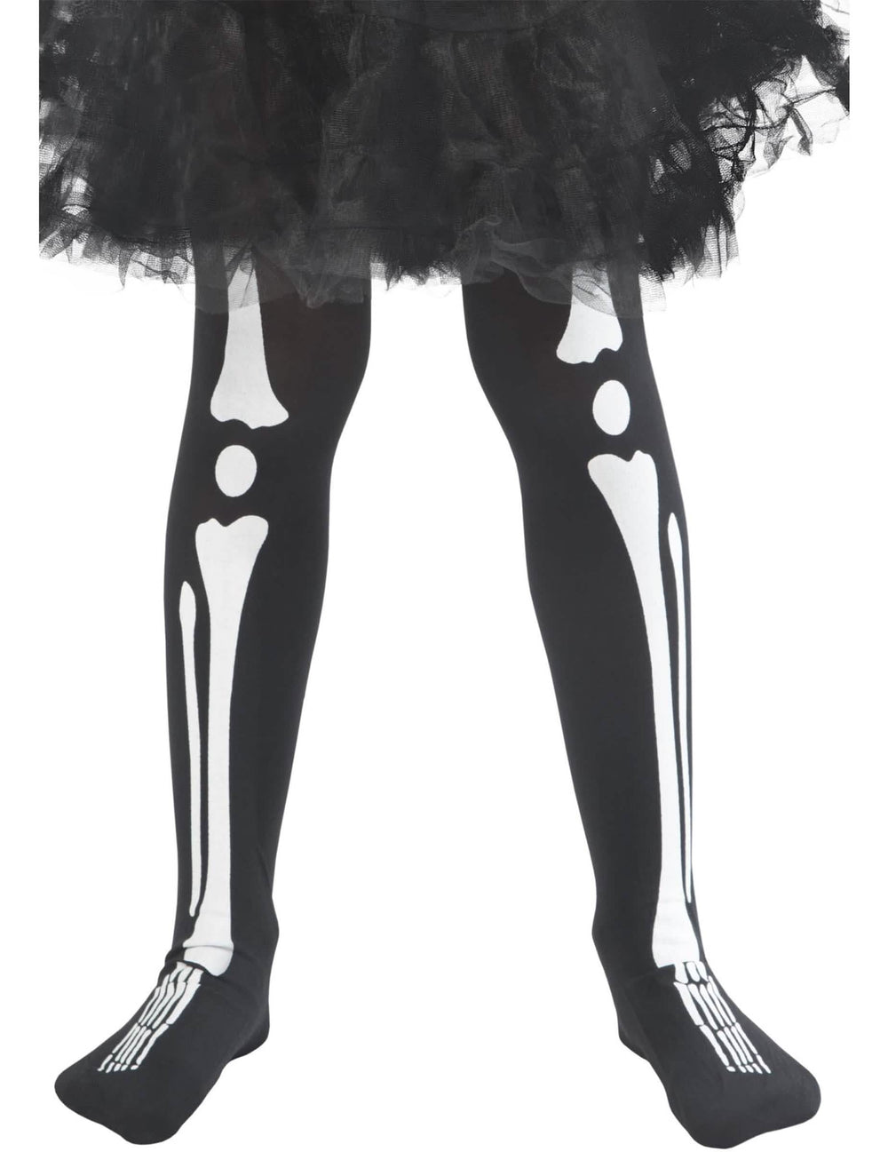 Gros plan sur l'imprimé os des jambes du collants squelette Halloween