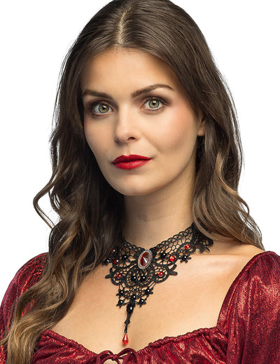 Collier Vampire pour femme en dentelle noire et pierres précieuses rouges