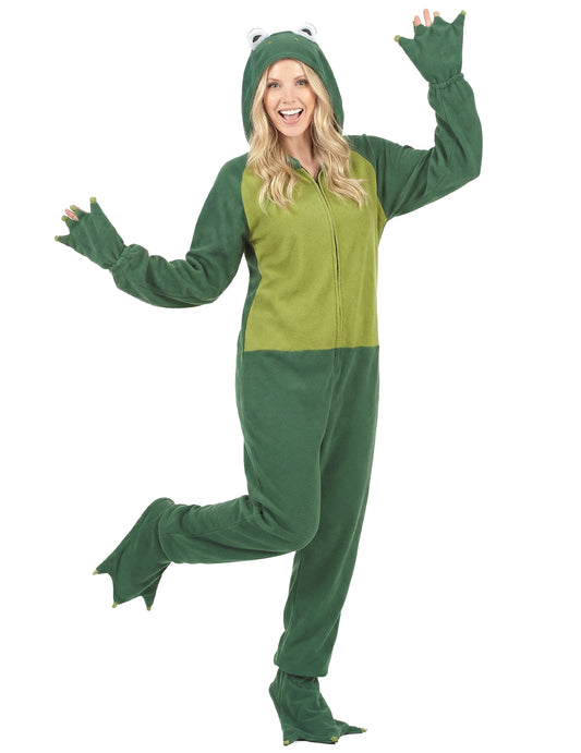 Combinaison à capuche grenouille pour femme vert et vert clair avec capuche tête de grenouille et pieds palmés