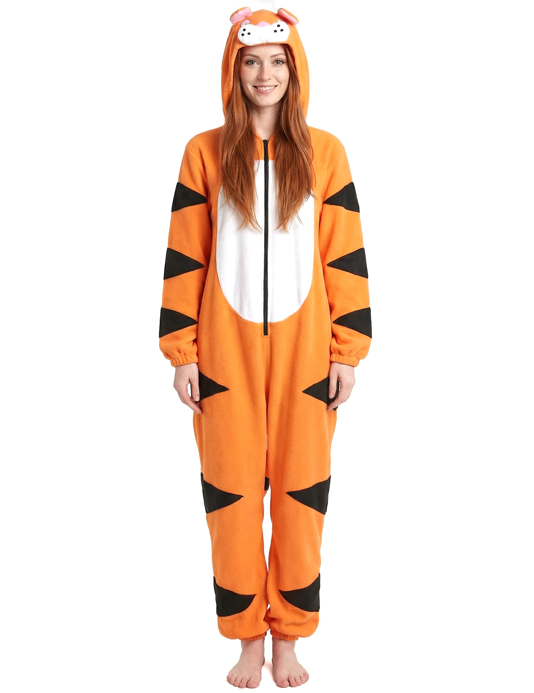 Vue de face de la combinaison à capuche tigre