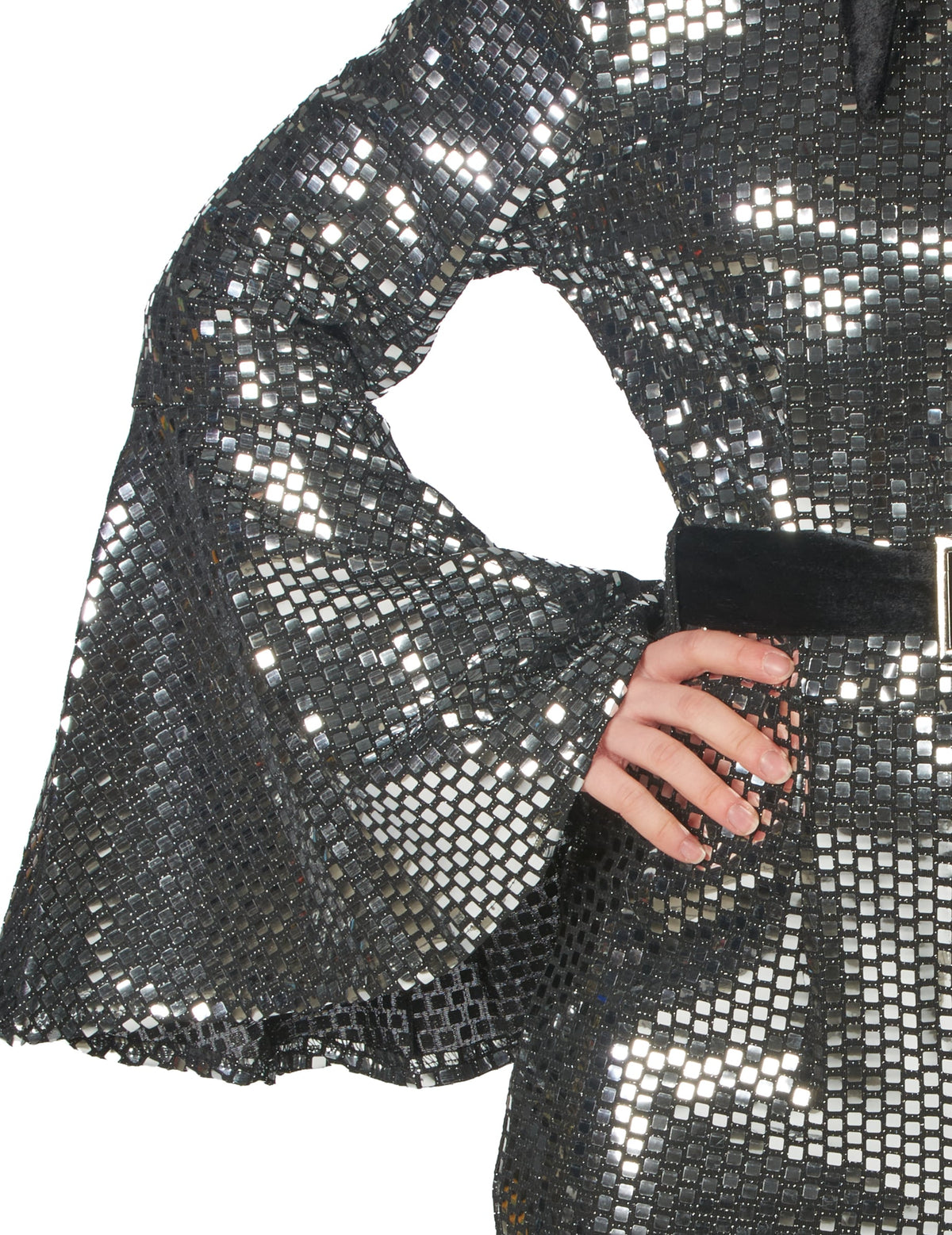 Détail de la manche évasée et de la ceinture de la combinaison disco pour femme
