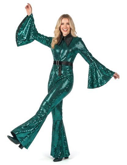 Combinaison femme disco turquoise avec ceinture haut de gamme