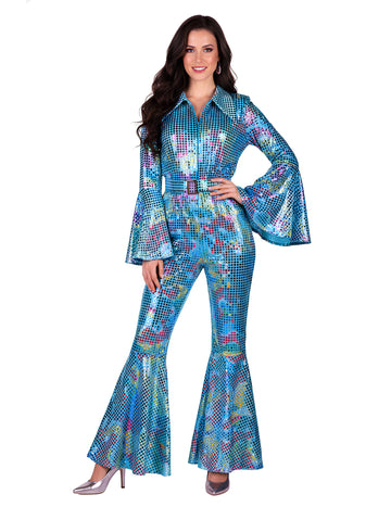 Луксозен тюркоазен диско гащеризон за жени