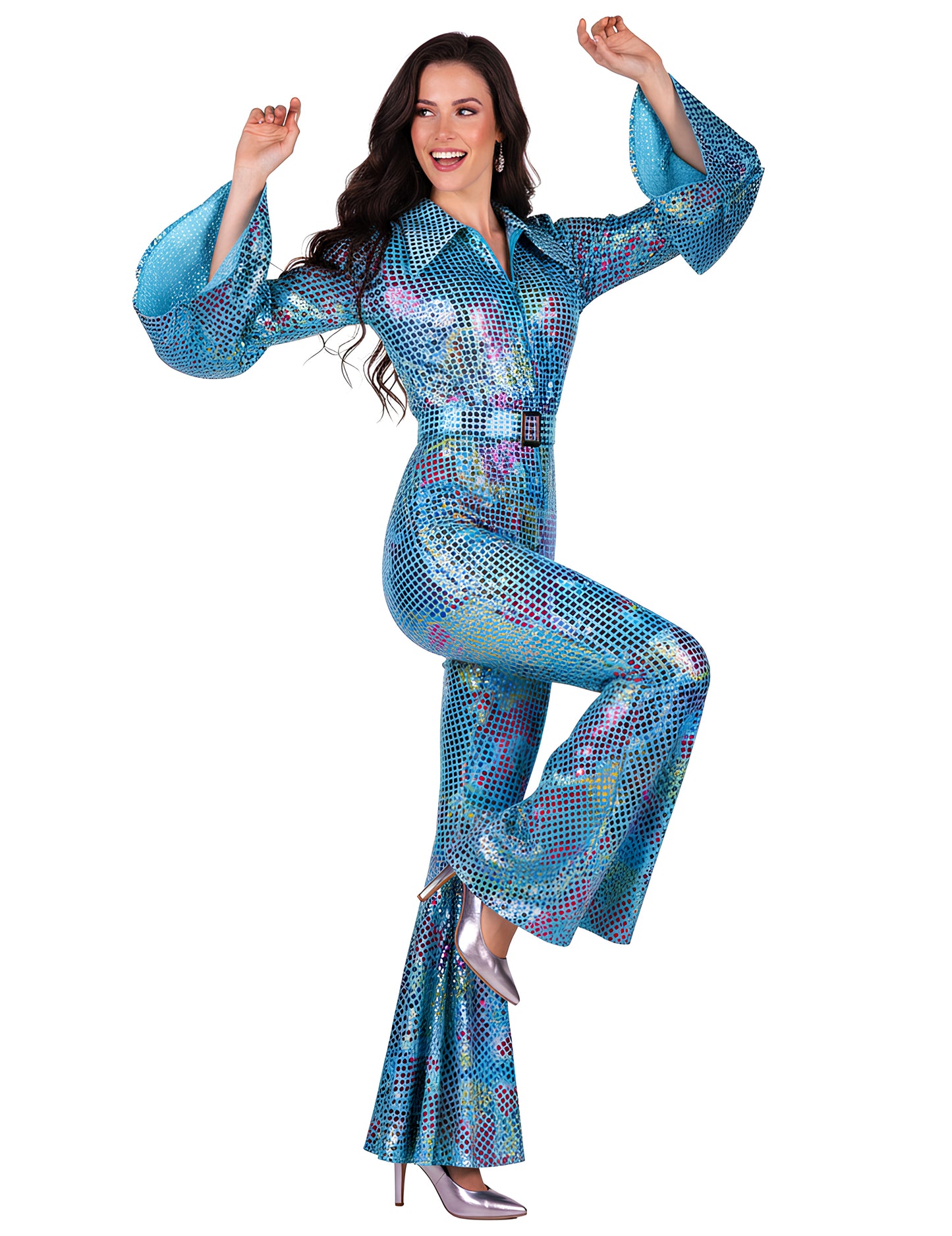 Луксозен тюркоазен диско гащеризон за жени