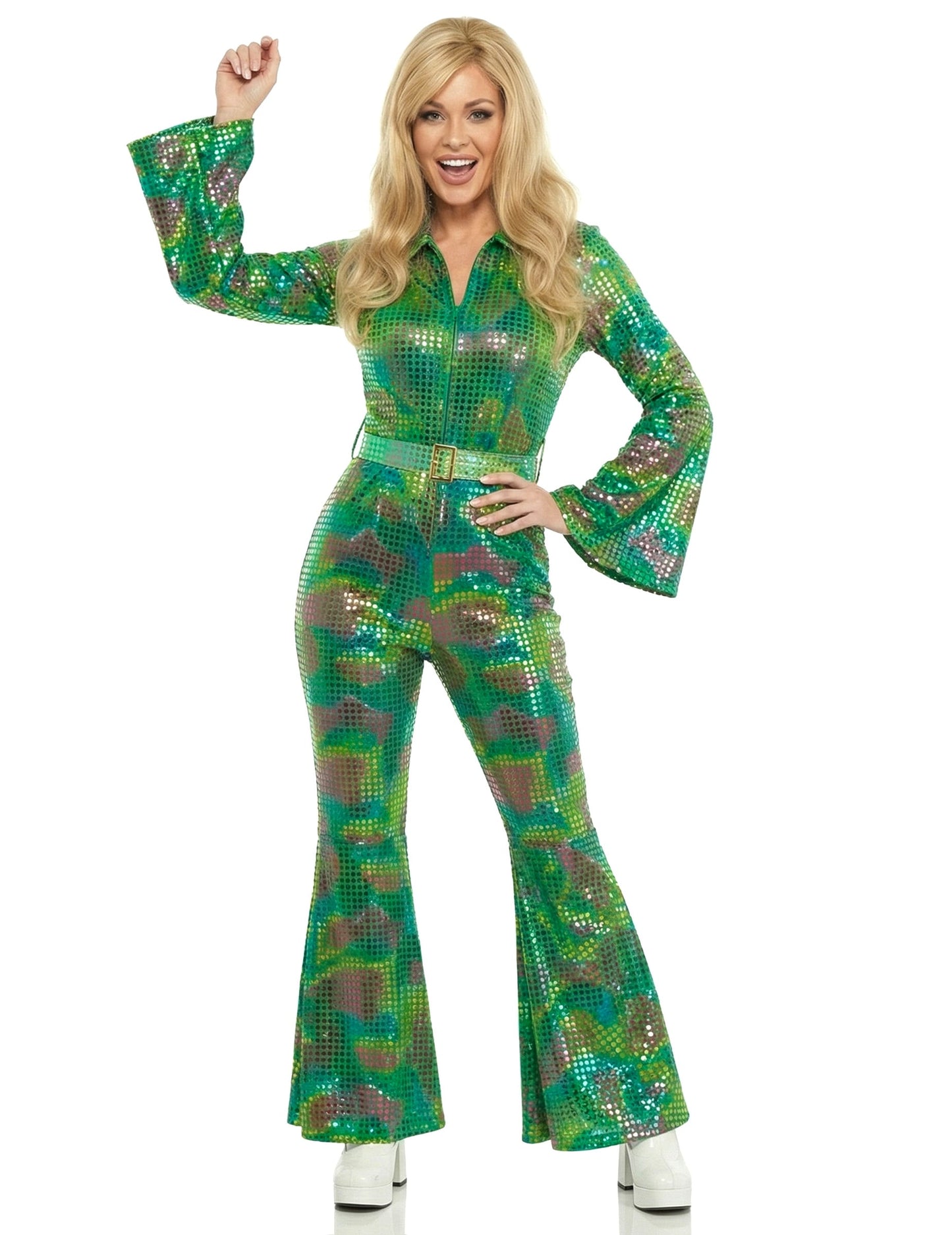 Combinaison disco pour femme vert haut de gamme à paillettes