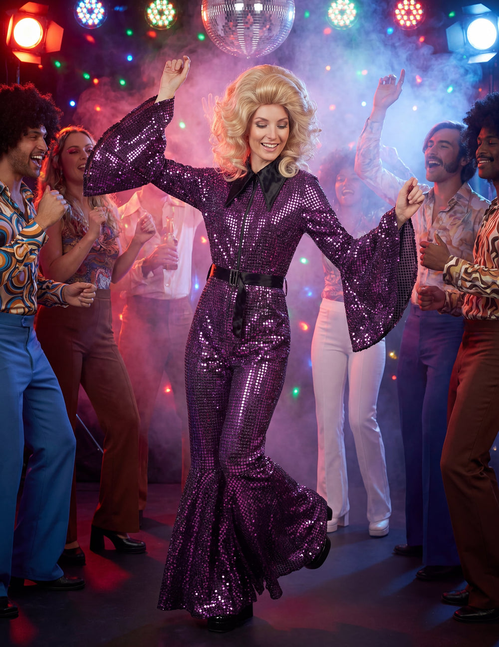 Mise en situation festive de la combinaison disco pour femme violette avec ceinture